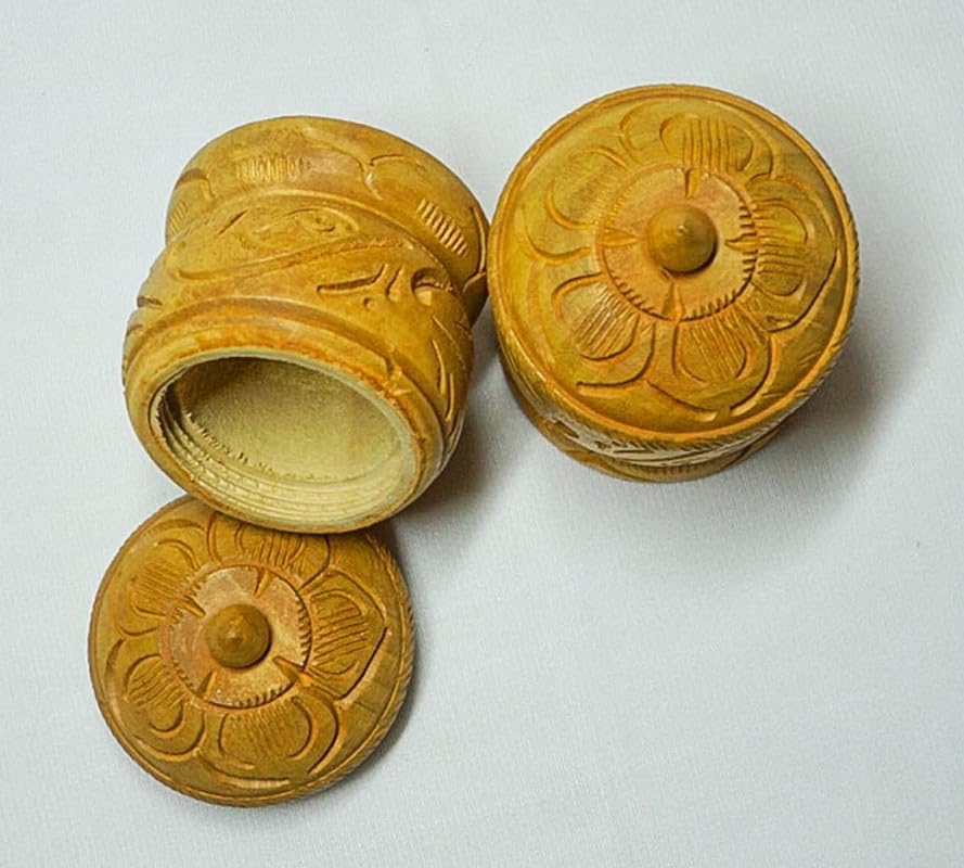 Set of 2 Pc Wooden Keepsake Box with Lid Sindoor Dani 2.5" X 2" Hand Carved Kumkum Holder For Pooja Mini Trinket Jewelry Organizers Gift Box image 5