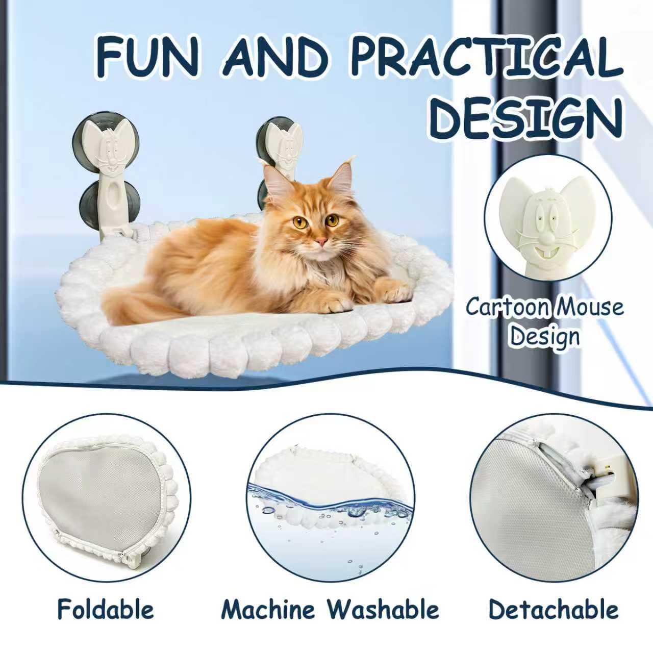 Hamac Chat Fenetre Pliable et Démontable, Luxe Lapin Doudou, Supporte jusqu'à 20kg, 53x37cm, Coussins Réversible pour Bain de Soleil et Repos, Cadre Métallique, Blanc