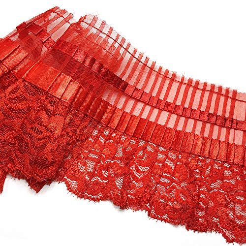 eJoyce 3-3/4\" Ruffled Pleated Chiffon with Lace Edge Trim by 2-Yards, HDL-050 (Red)
