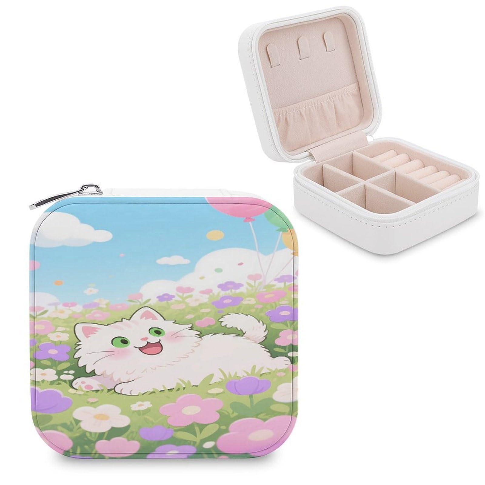 VstaDank Cute Cat Floral Jewelry Box for Women Jewelry Organizer Storage Case with Zipper Mini Travel Jewelry Case Cute Trinket Organizer Leather Portable Jewelry Storage Box