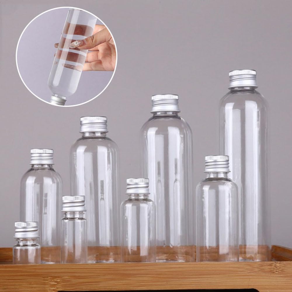 50 Stück 5-500ml Leere Plastikflaschen Mit Aluminiumkappe Fläschchen Probenflaschen Transparenter Behälter Für Reisen Kosmetische Lotion-Probenflasche Tragbare Reise-leere (Silberne Deckel,250ML)