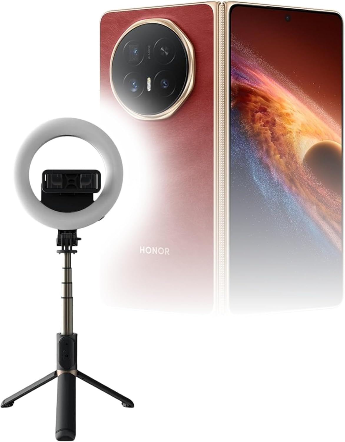 BoxWave Stand and Mount Compatible with Honor Magic V6 - RingLight SelfiePod, Selfie Stick Extendable Arm with Ring Light - Jet Black