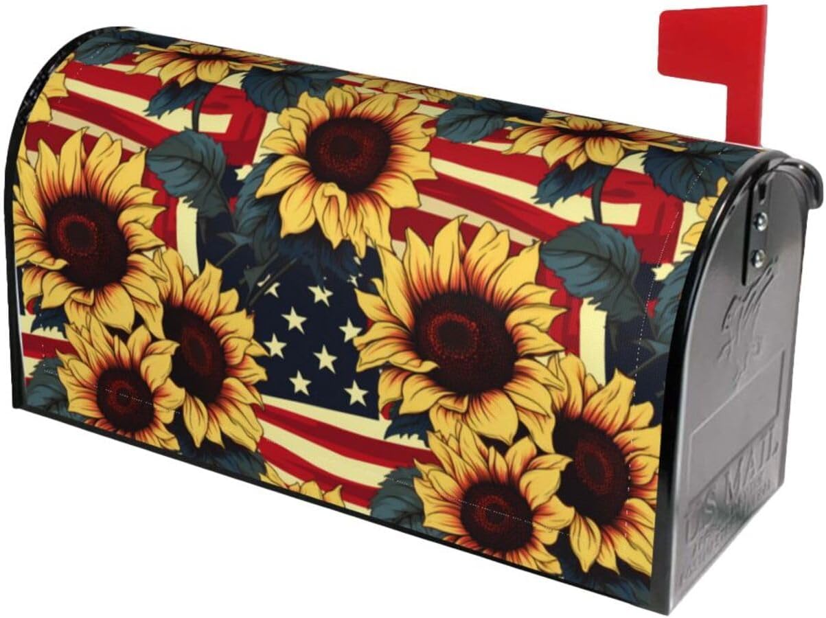 Vintage US Flag Mailbox Covers, Sunflowers Magnetic Post Box Cover Wraps Standard Size 21x18 in for Garden Yard Decor