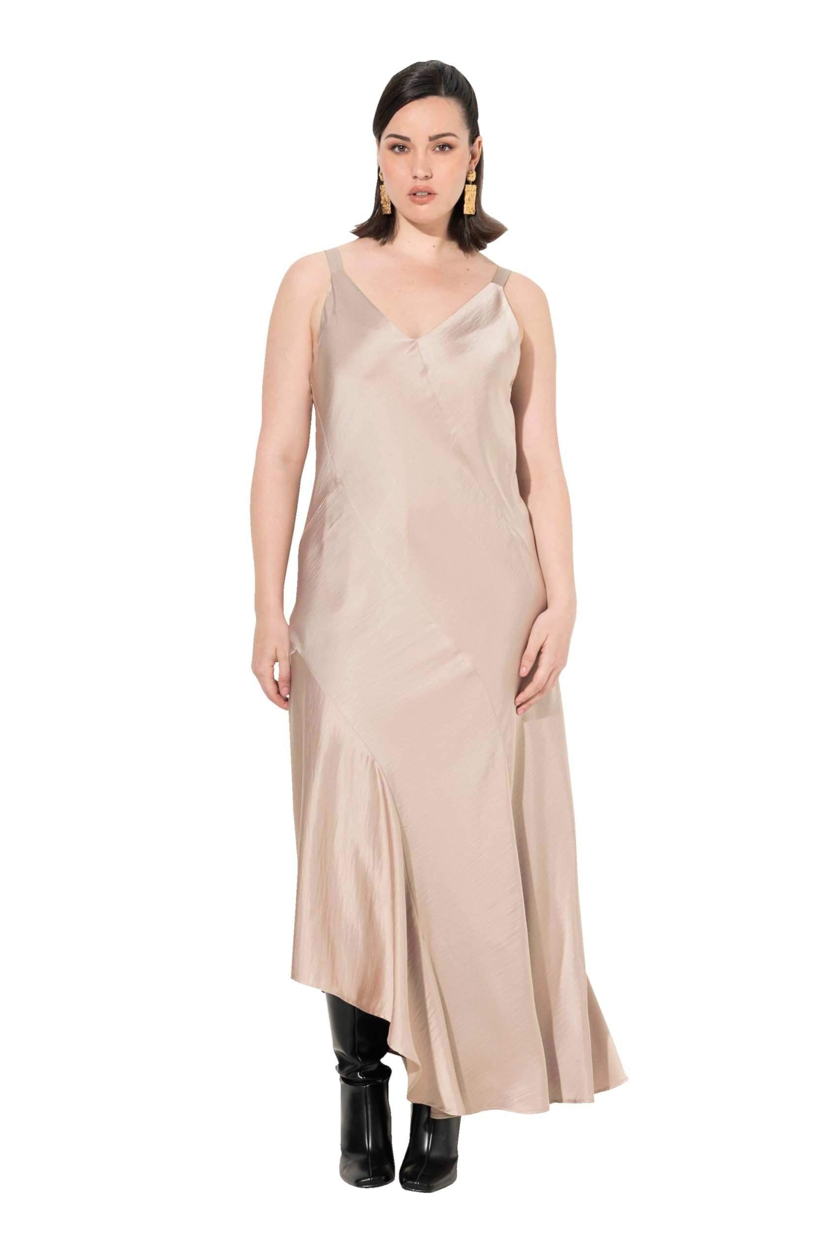 Ulla Popken Damen große Größen Übergrößen Plus Size Satin-Maxikleid, A-Linie, V-Ausschnitt, ärmellos 820341