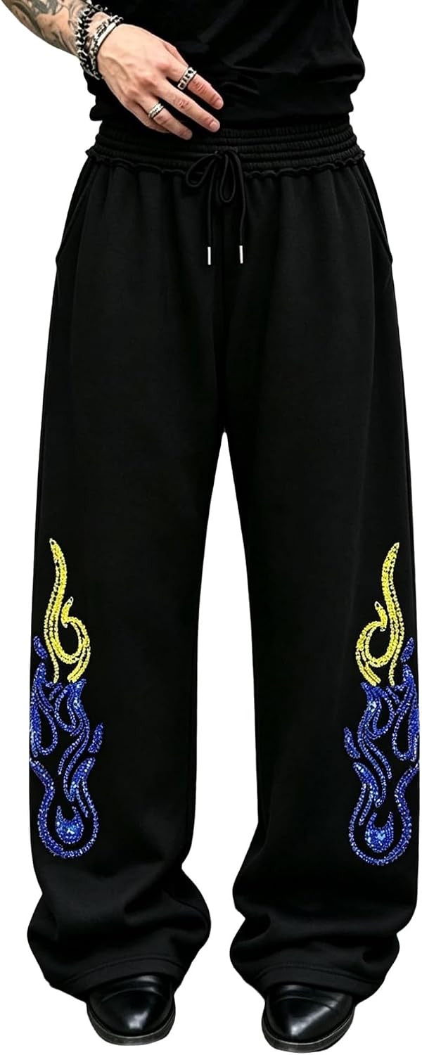 FEESHOW Men Wide Leg Sweatpants Double Waistband Joggers