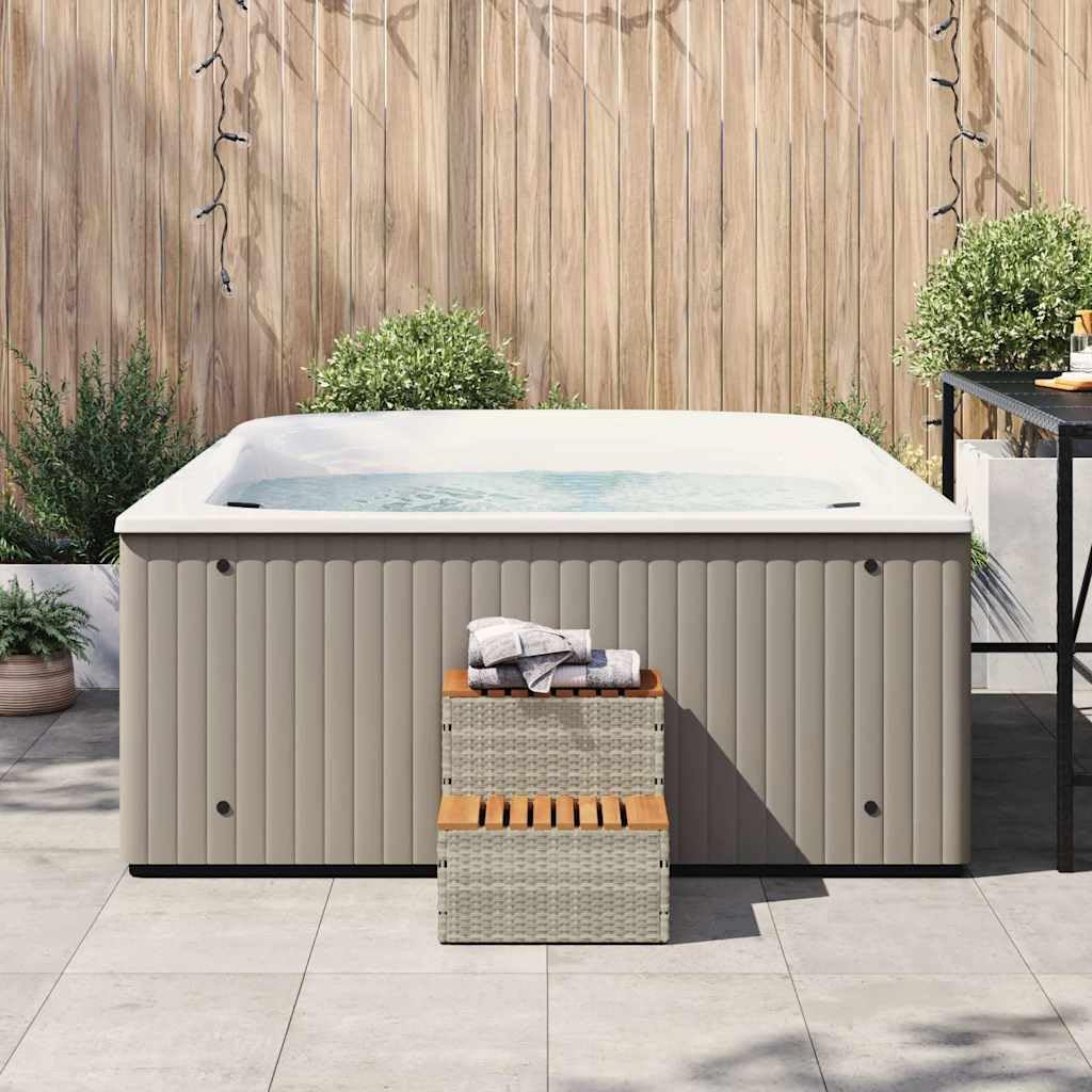 Escalier pour jacuzzi, gris clair, 50 x 50 x 50,5 cm, en polyrotin d'acacia massif, accessoire de piscine, jacuzzi, spa, avec pieds réglables, résistant aux UV