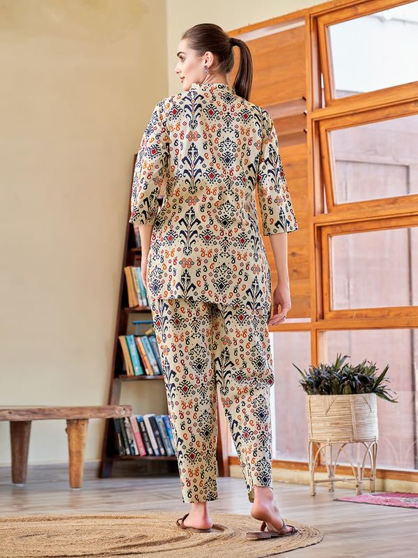 Image of Cotton Relaxed Fit Shirt & Trouser Co-Ord Set for Women |Front Openable Button and 3 /4 Sleeve Shirt |Two Pockets and Elasticated Waist Trouser | Casual Wear and Everyday Wear
