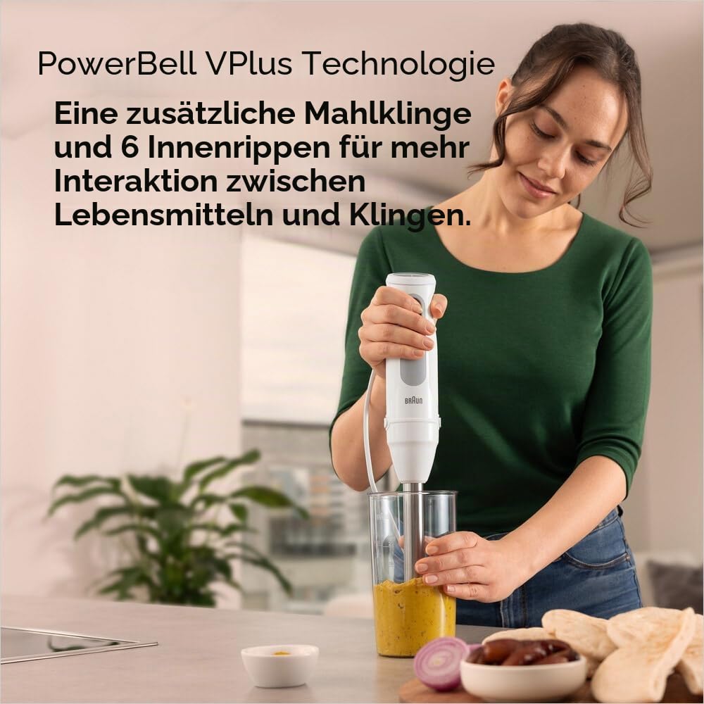 Braun MultiQuick 5 MQ 50001 M Stabmixer, 1000W, 21 Geschwindigkeitsstufen+Turbo, Edelstahl Pürierfuß, Easy Click, SplashControl, 600ml Becher, Weiß