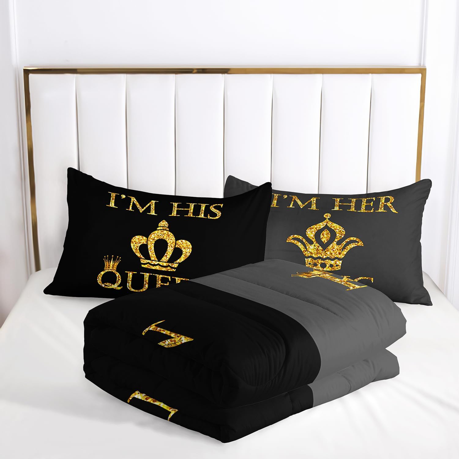 AILONEN King and Queen Comforter Set,Black and Gray Crownc Bedding Set for Couples Queen Size,Romantic Theme Duvet Set,1 Quilt + 2 Pillow Case,3 Pieces,Soft Microfiber - Image 5