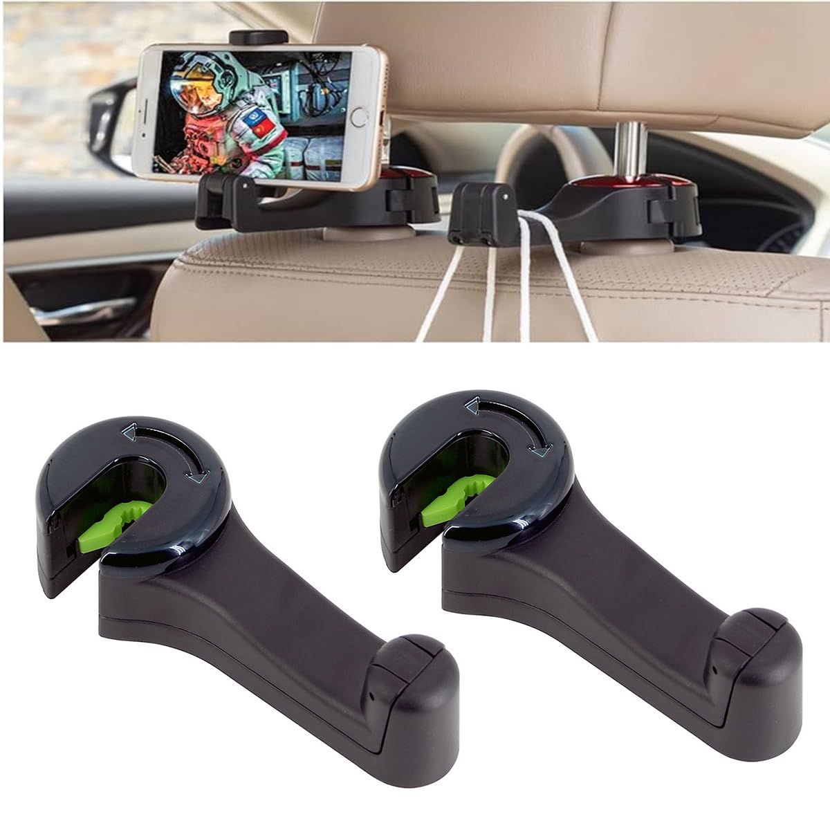 Lot de 2 crochets rotatifs à 360° pour appuie-tête de voiture avec support de