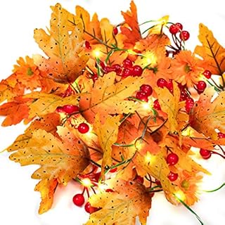 MUSCCCM Maple Leaf Lights, 2m Fall Garland Lights with 20 LED 26 Leaves 7 Flowers 6 Fruit Clusters Harvest Autumn Decoration for Christmas and Outdoor Indoor Home Autumn Party