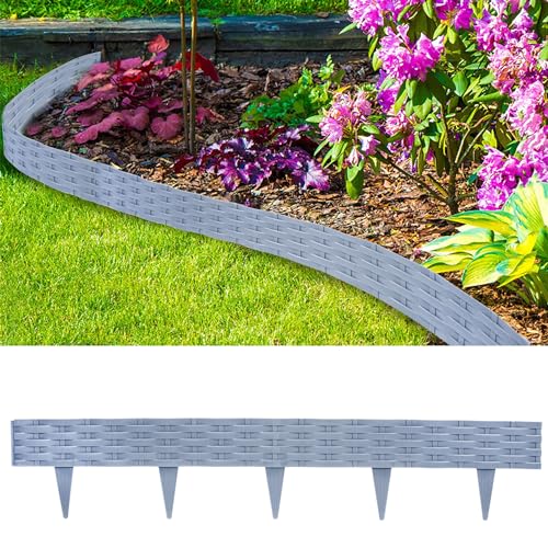 Aufun Bordure de jardin en plastique de 5 m en aspect rotin avec 5 éléments de 100 cm, design flexible pour délimitation de parterre de fleurs, courbe pour coupe de...