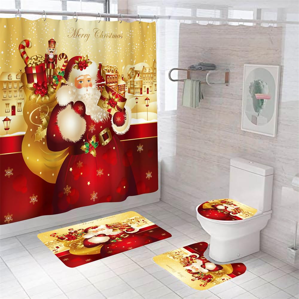Alfombra Baño Papá Noel Rojo Amarillo Juego De 4 Alfombras De Baño Lavable,Alfombra Baño Secado Rapido - Alfombra De Baño*1+Tapa del Inodoro*1+ Alfombra*1 Tipo U+Cortinas De Baño180X180 45X75Cm