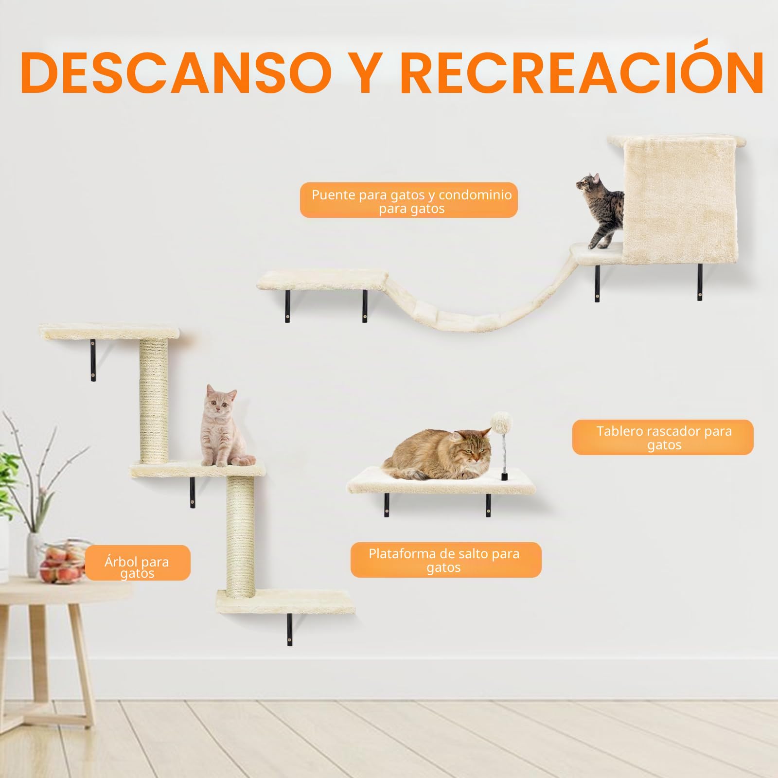 Juego de pared de escalada para gatos con hamaca, cueva para gatos, puente para gatos, tabla para rascar y árbol rascador, 4 piezas de madera para gatos Catwalk (beige)