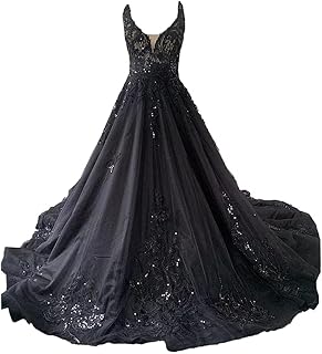 Gothic Black Bridal Gowns Tulle Wedding Dresses for Bride V Neck Wedding Dresses with Train