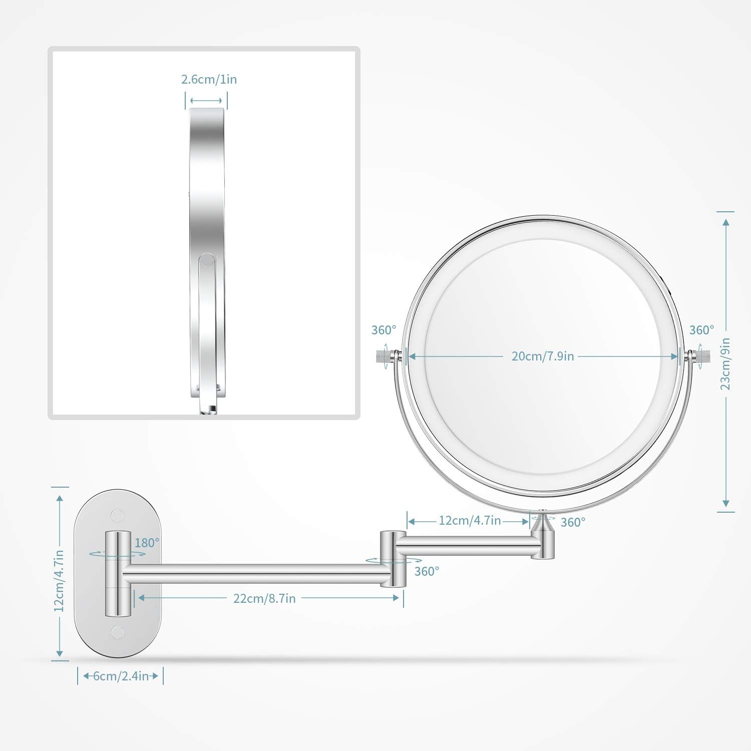 ALVOROG Rechargeable Wall Mounted Lighted Makeup Mirror 8 Inch Double Sided Vanity Mirror with 3 Color Lights 1X/5X Magnifying Mirror 0.5H Intelligent Shutdown Dimming 360 Rotation Bathroom Mirror
