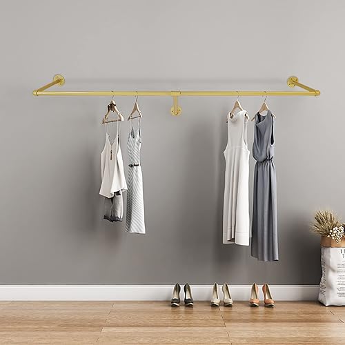 Miniatura 4 de Estante de ropa industrial dorado de 47 pulgadas montado en la pared para boutique sistema de estantes colgantes estante de metal para ropa soporte