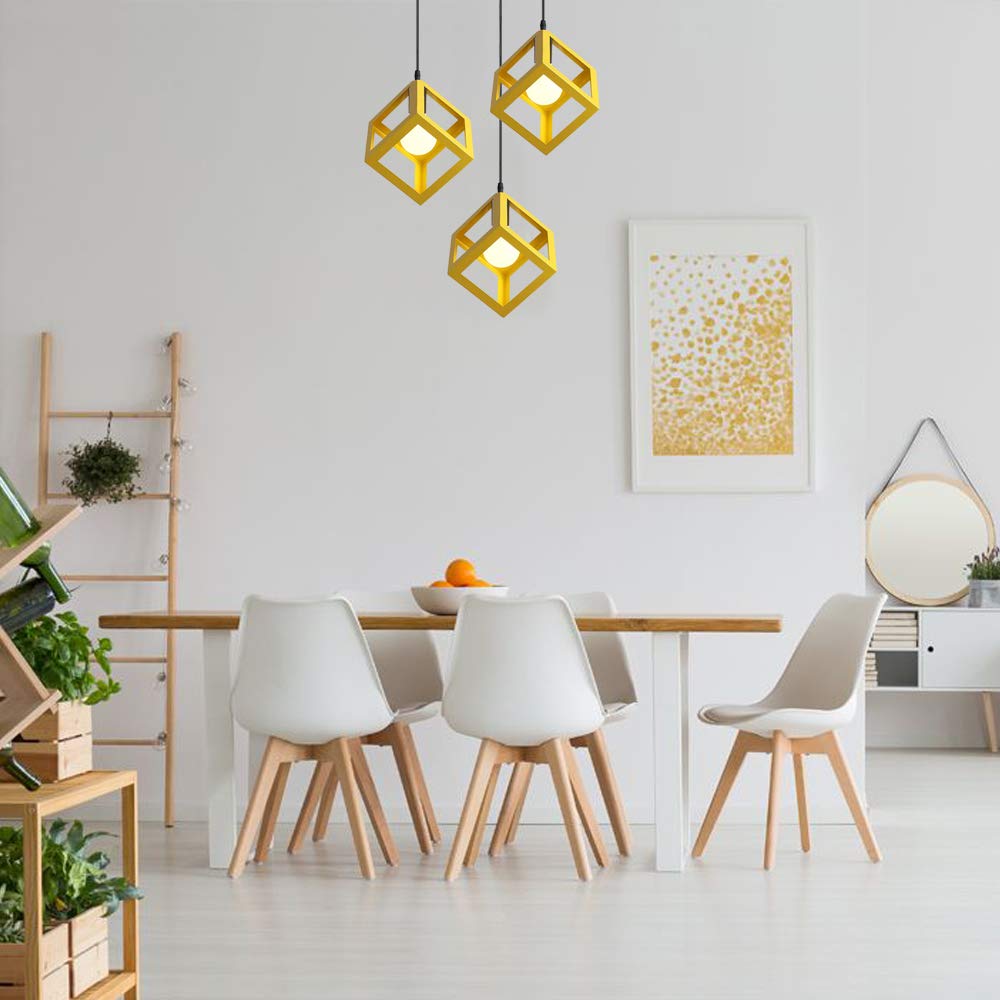 iDEGU 3 Światła Żyrandol Wisiorek Vintage Styl Geometryczny Lampa Wisząca Oprawa w kształcie kostki Metalowa lampa sufitowa do sypialni, salonu, jadalni, kuchni - 16 cm, żółta