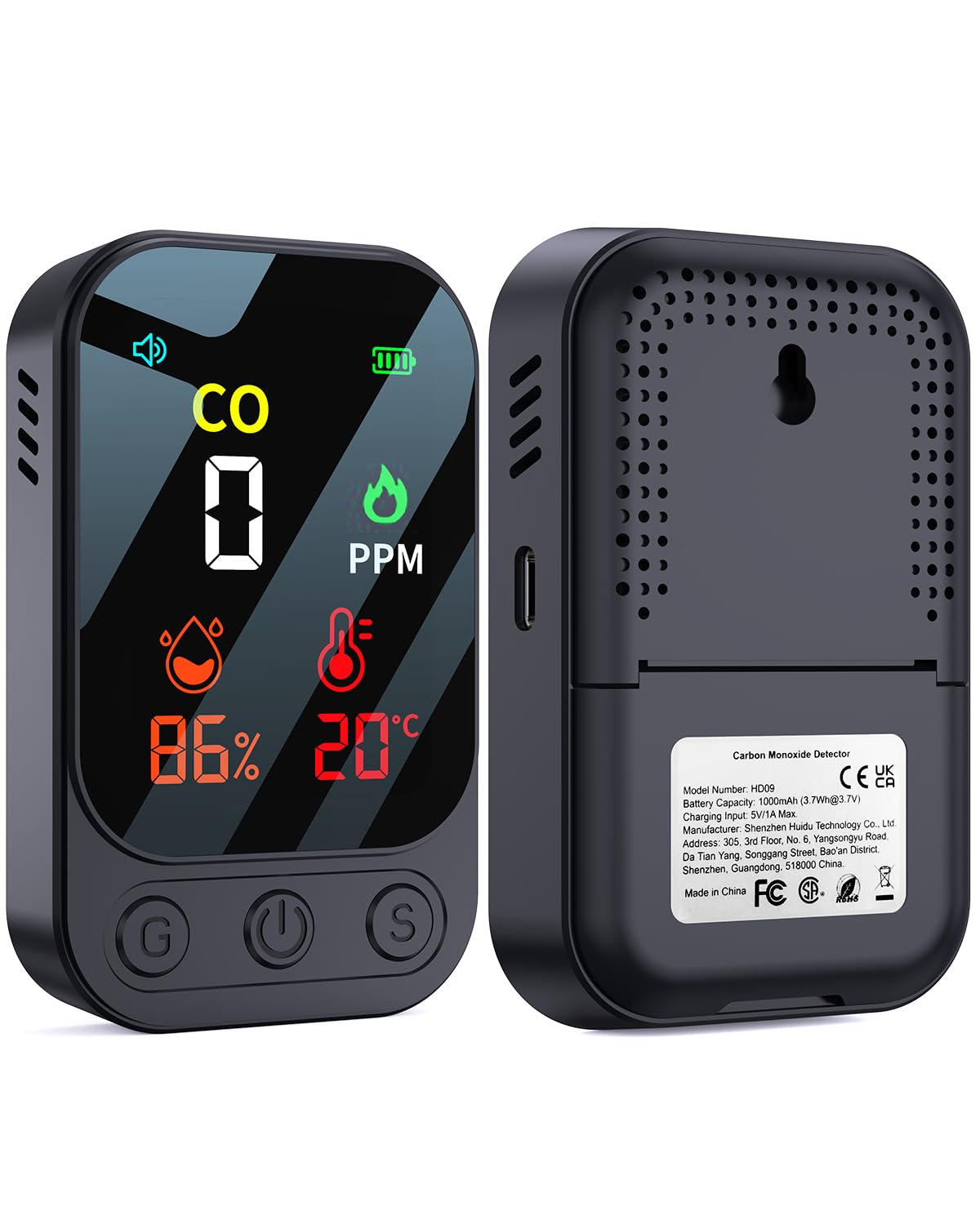 YEREADW 3-in-1 Portable Carbon Monoxide Detector, Rechargeable Carbon Monoxide Detector with Temperature Humidity Display, Portable for Home, Caravan, Camping (Black)