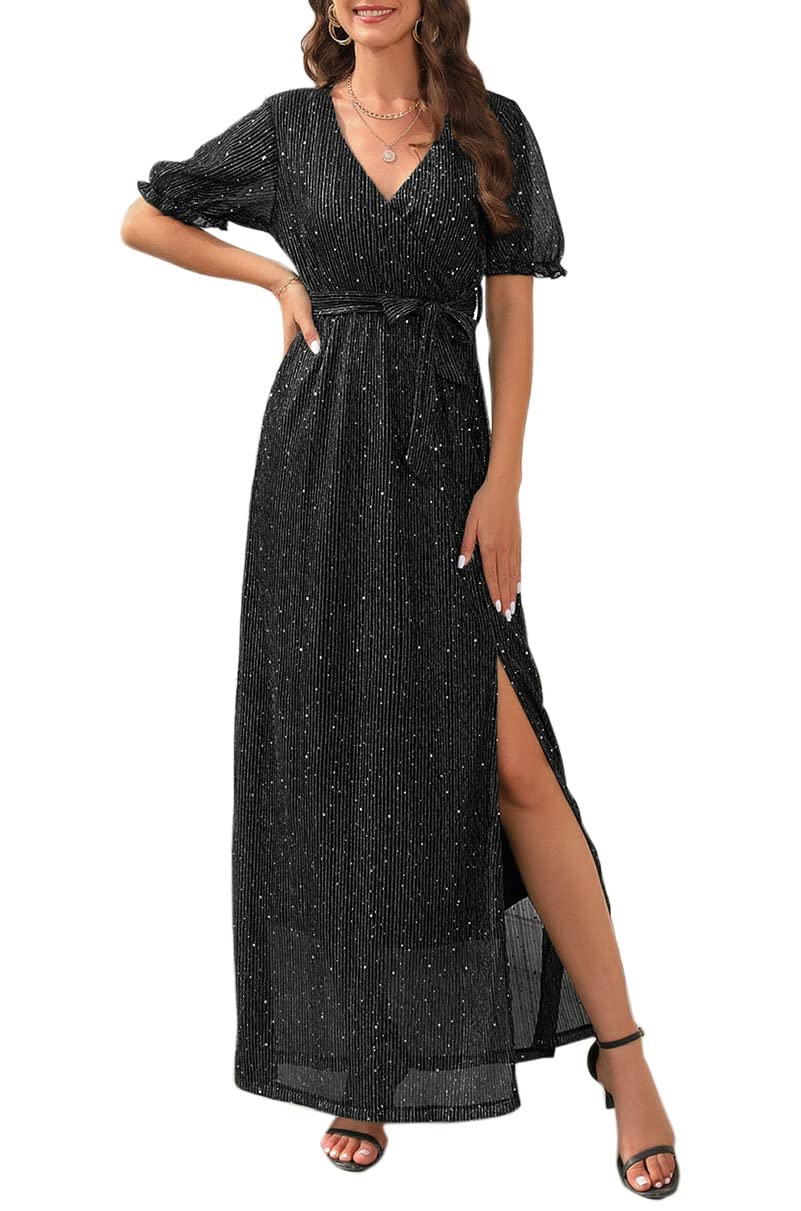 Engood Women's V Neck High Waist Dress Side Split Short Sleeve Dress Long Party Dress with Belt