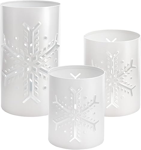 AuldHome - Faroles de vela de copo de nieve para velas de pilar (juego de 3) candelabros de centro de mesa de decoración navideña