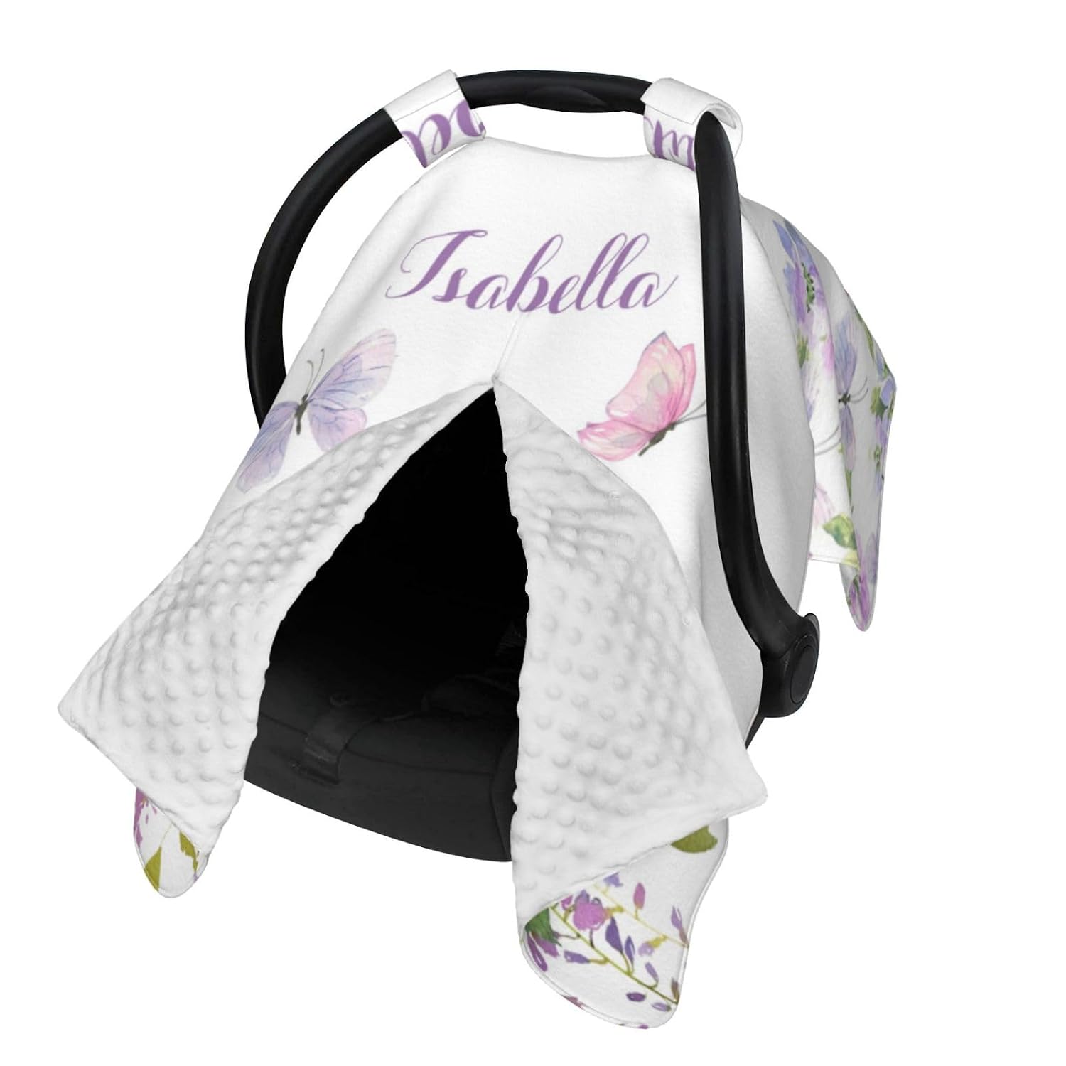 Personalized Baby Car Seat Canopy for Babies, Custom Name Floral Butterfly Purple Baby Car Seats Covers for Girls, Opening Minky Nursing Breastfeeding Cover for Infant, Carseat Canopies for Newborn