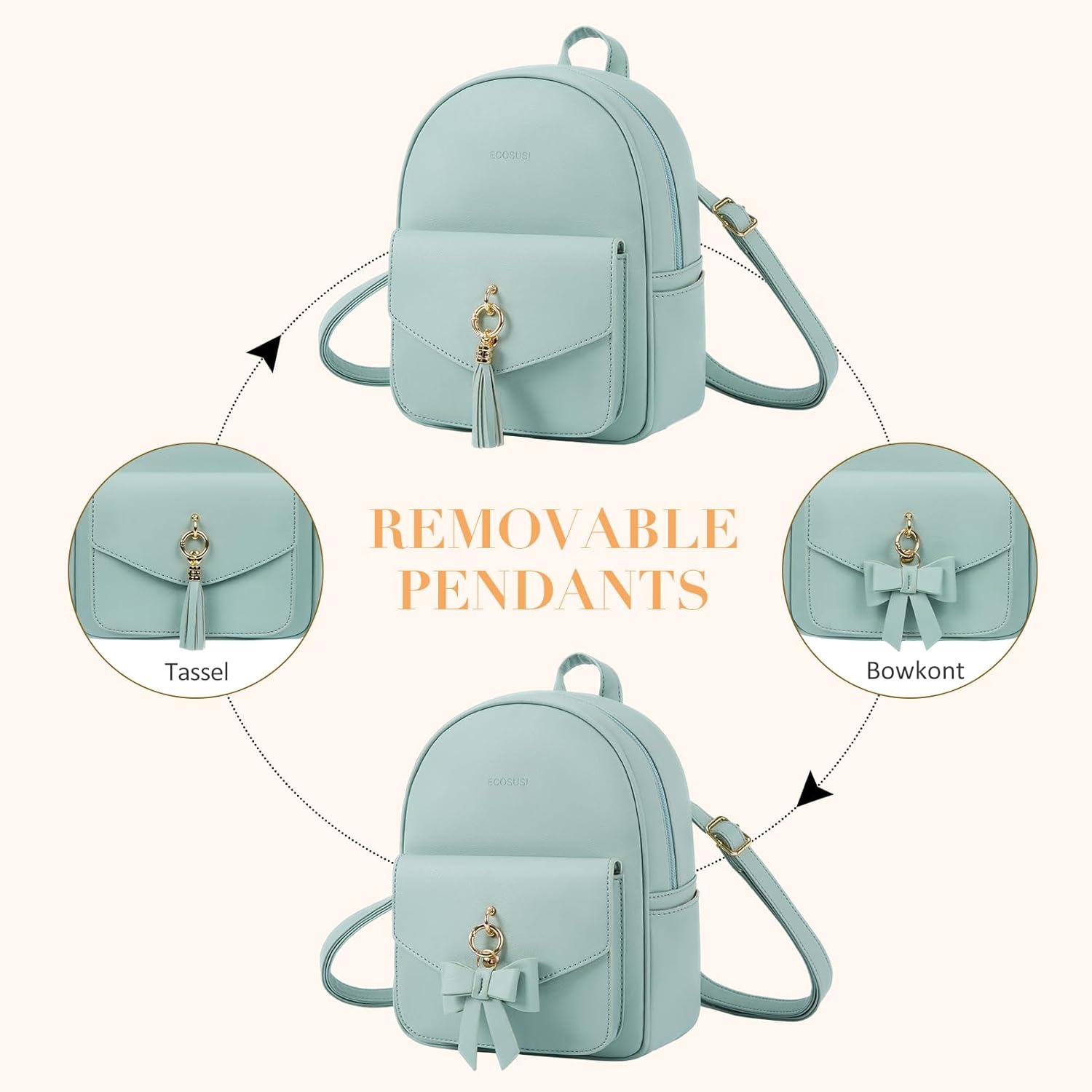 ECOSUSI Mini Backpack for Women Girls Cute Bowknot Small Backpack Purse Ladies Leather Bookbag Satchel Bag, with Charm Tassel Green - Image 3