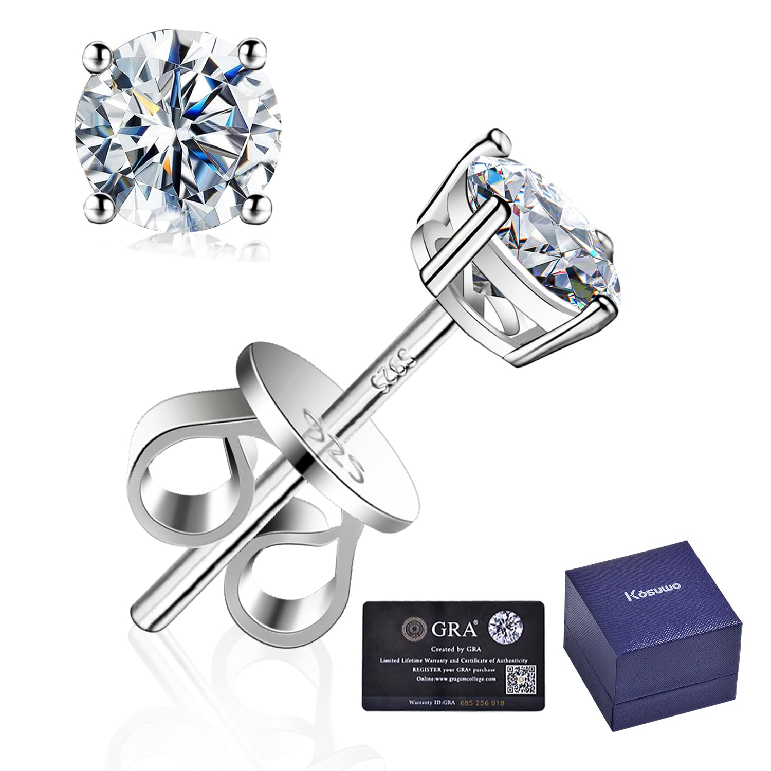 GRA Mens S925 Sterling Silver Moissanite Stud Earrings-0.6CT D Color Wedding Earrings,18K White Gold Earring for Men Women (Moissanite-0.6Ct(0.3ct*2)