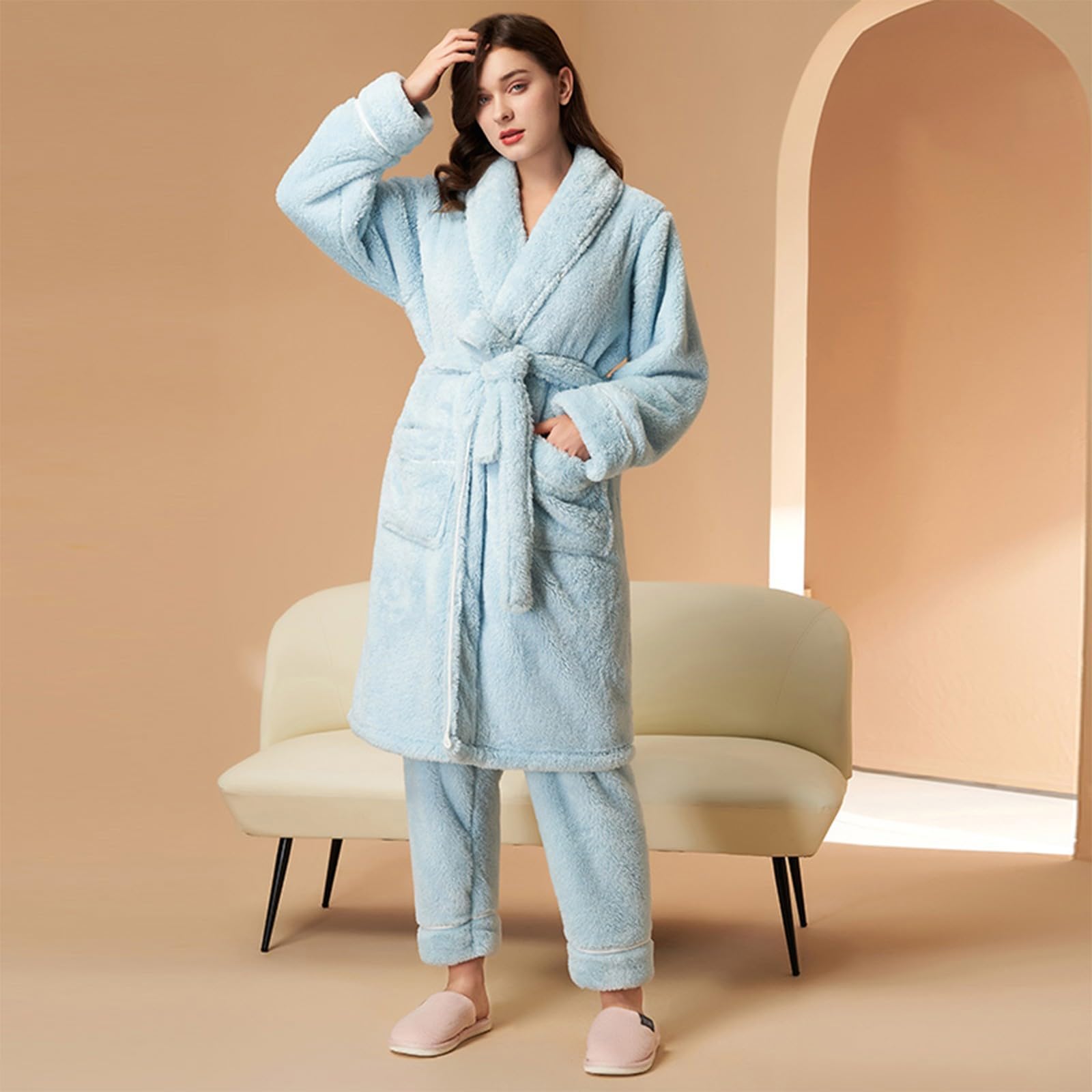 Conjunto de pijama de forro polar para mujer, bata de baño y pantalones sin cierre, conjunto de 2 piezas con bolsillos, cinturón, sherpa, suave, cómodo, ropa de dormir para el hogar