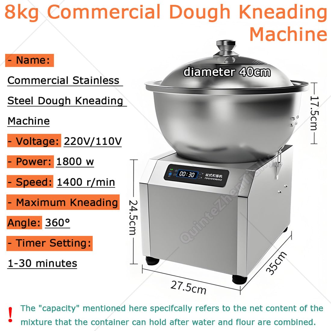 Impastatrice Spirale Professionale,2200w Frullatore Commerciale Impasto,1400 Giri/Min Impastatrice Elettrica Doppia Rotazione,Timer 0-30 Min,per Panetteria,Ristorante,Pizza Pane 8kg