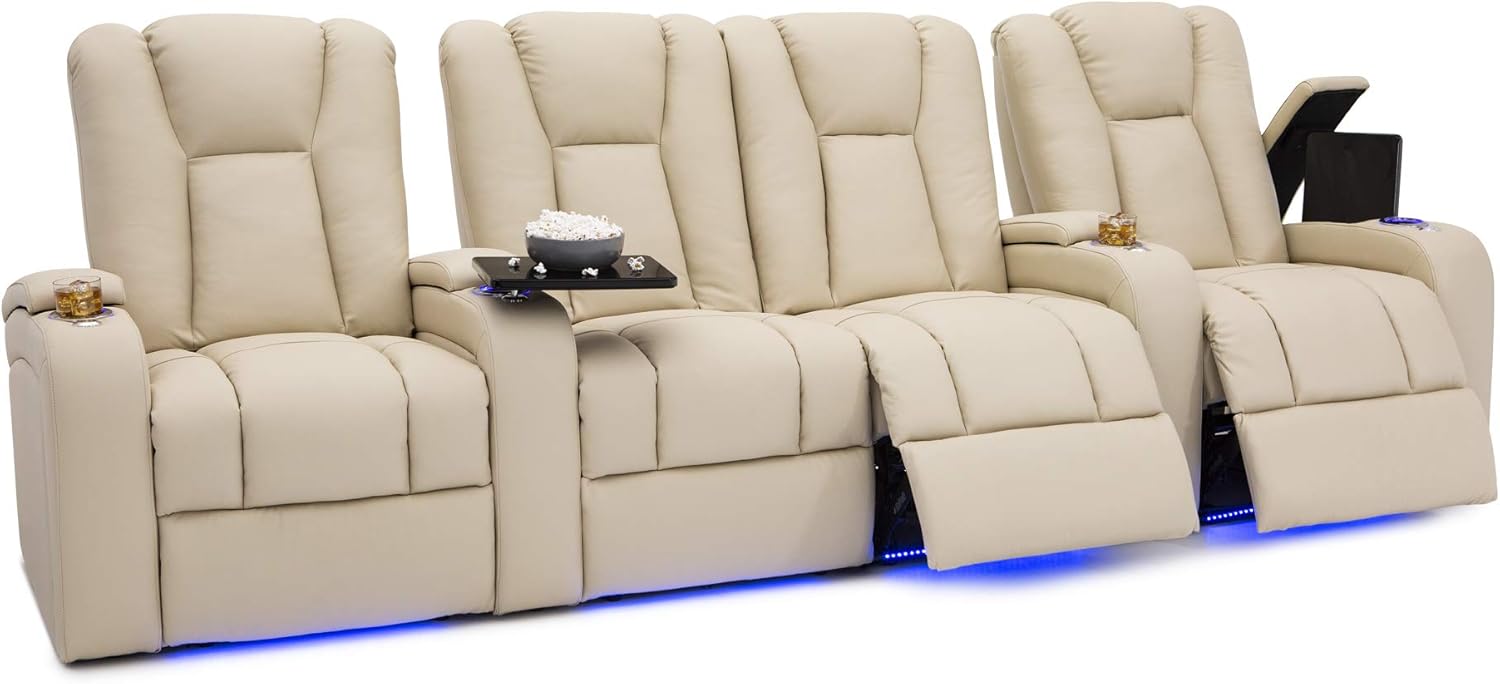 Seatcraft Serenity Leather Home Theater Seating - Power Recline - Tray Tables - in-Arm Storage - Ambient Base Lighting and Lighted Cupholders (Row of 4 Middle Loveseat, Vanilla) : Home & Kitchen