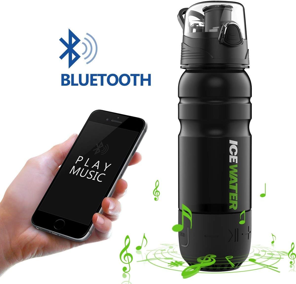 ICEWATER 3-in-1 Smart Water Bottle(Glows to Remind You to Stay Hydrated)+Play Music+Dancing Lights, 20 oz, Stay Hydrated and Enjoy Music
