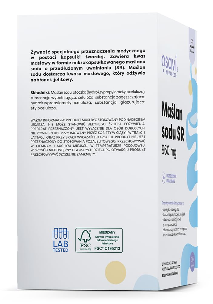 Osavi Butyrate de sodium SR, 960mg - 60 Capsules Vegan | Butyran de sodium microencapsulé | Haute teneur en acide butyrique | Inodore et insipide | Vegan, sans gluten, sans soja, sans OGM