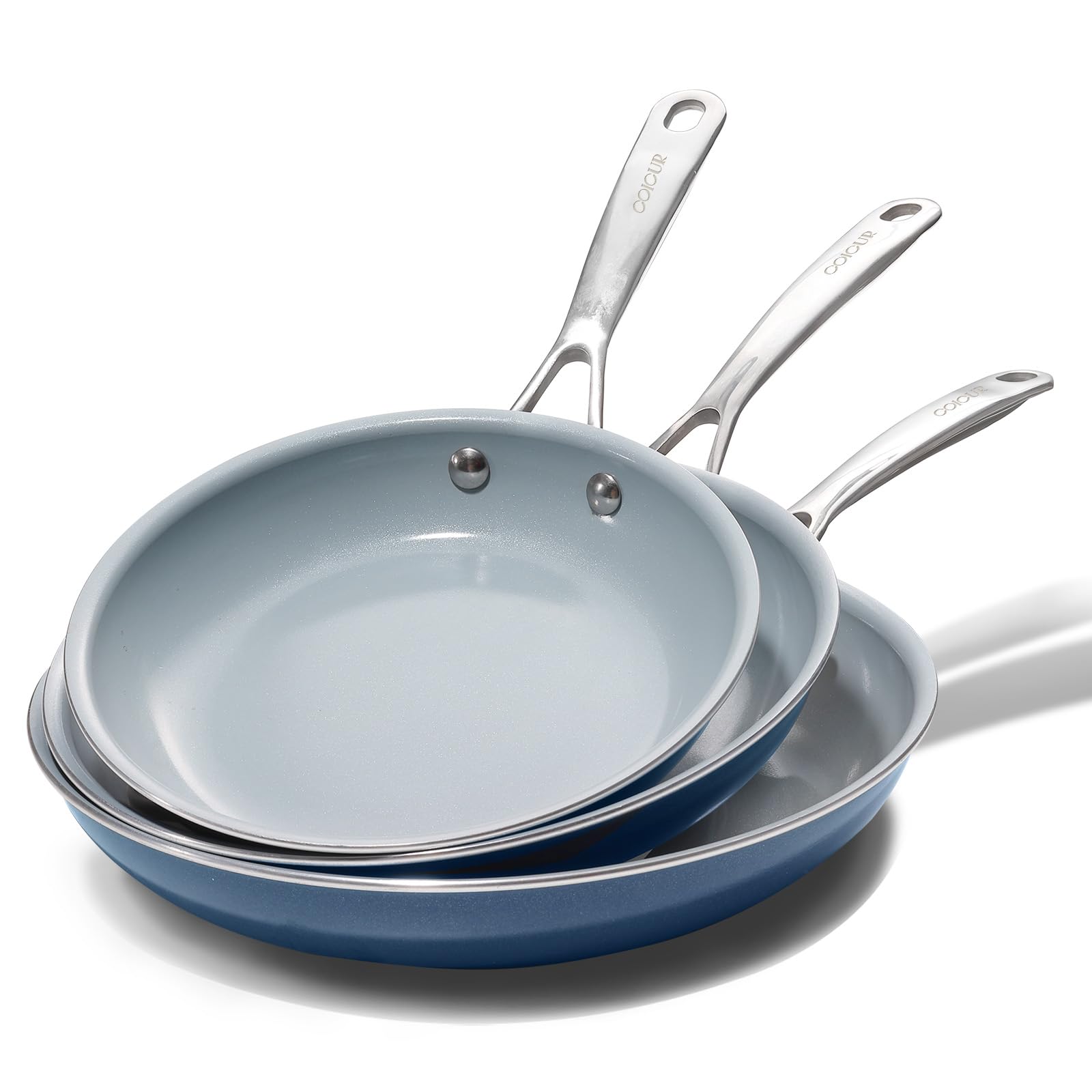 Coicur Nonstick Ceramic Frying Pans 20 24 28cm Ceramic Skillets Set with Stainless Steel Handle Induction Kitchen Cookware Set, PFOA Free, Navy Blue