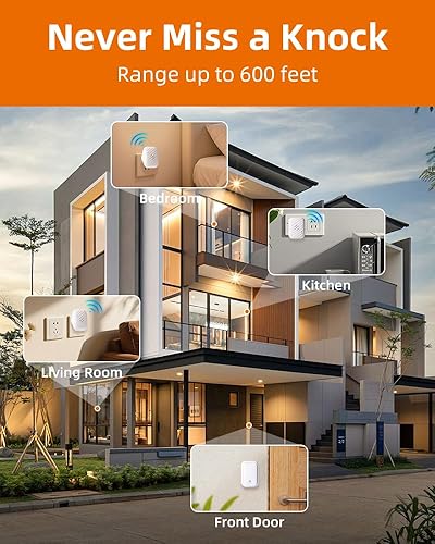 Miniatura 6 de Timbre inalámbrico sin batería, no necesita pilas, fácil instalación, rango de 600 pies, 38 campanillas, volumen ajustable, impermeable para aula,