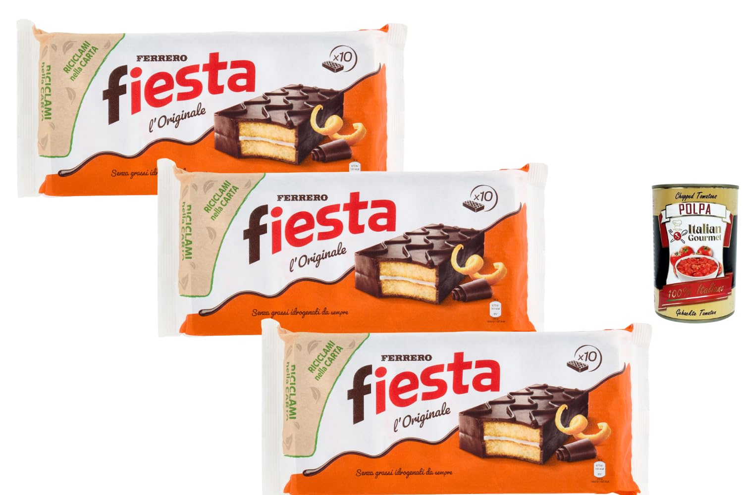 Italian Gourmet Fiesta Original – Lot de 3 x 360 g (30 gâteaux) – Gâteau Génoise Moelleuse Fourrée Crème à l’Orange, Enrobage Chocolat – Snack Chocolaté, Goûter & Dessert + Italian Gourmet Polpa