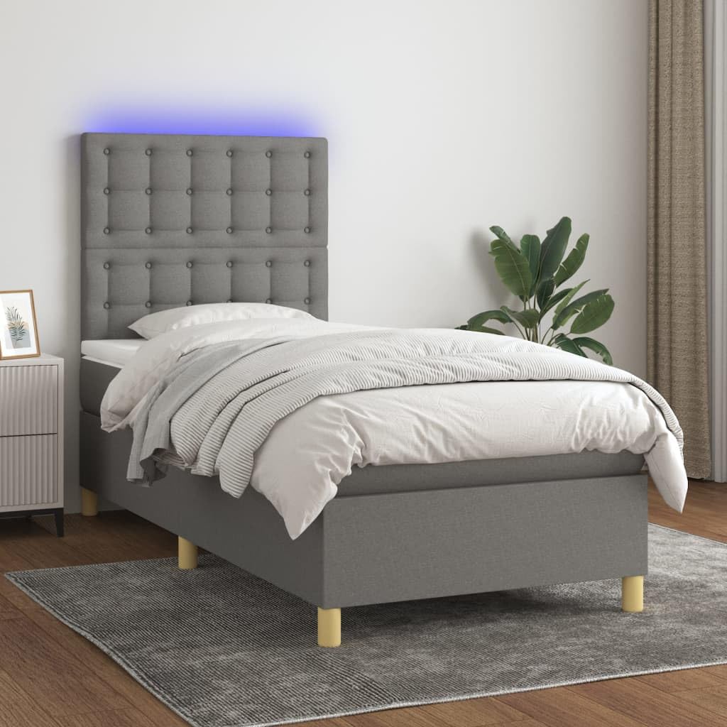 Tkanina z regulowanym zagłówkiem LED 90x200 cm szary | Łóżko kontynentalne 90x200 z materacem sprężynowym, ciemnoszara tkanina, zagłówek regulowany, LED USB, nowoczesne do sypialni