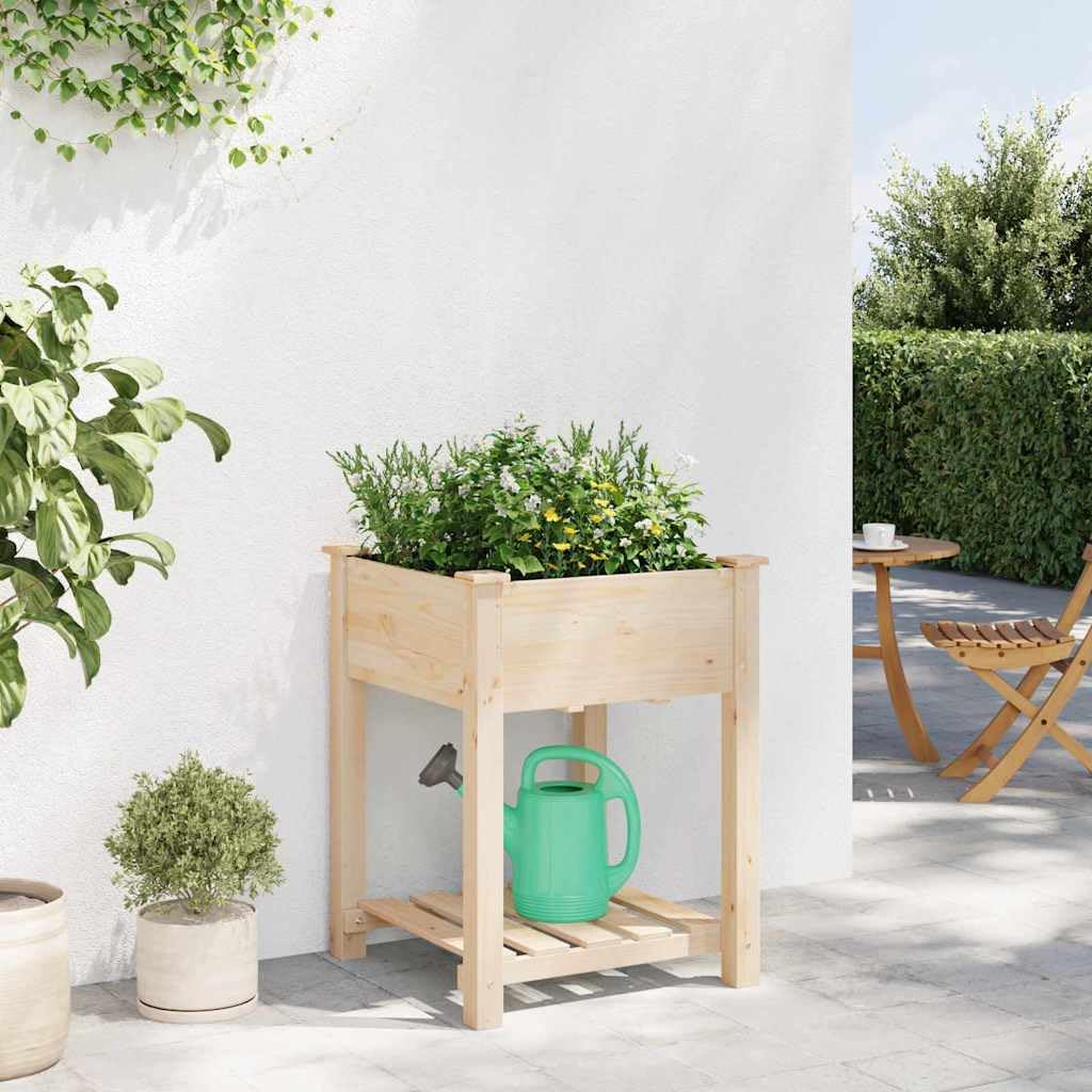 Garten-Pflanzgefäß mit Regal Beige 60,5 x 60 x 76,5 cm, Pflanzkübel mit Ablage aus Fichtenholz, Beiger Blumenkasten für Außenbereich, minimalistischer Pflanzer mit integriertem