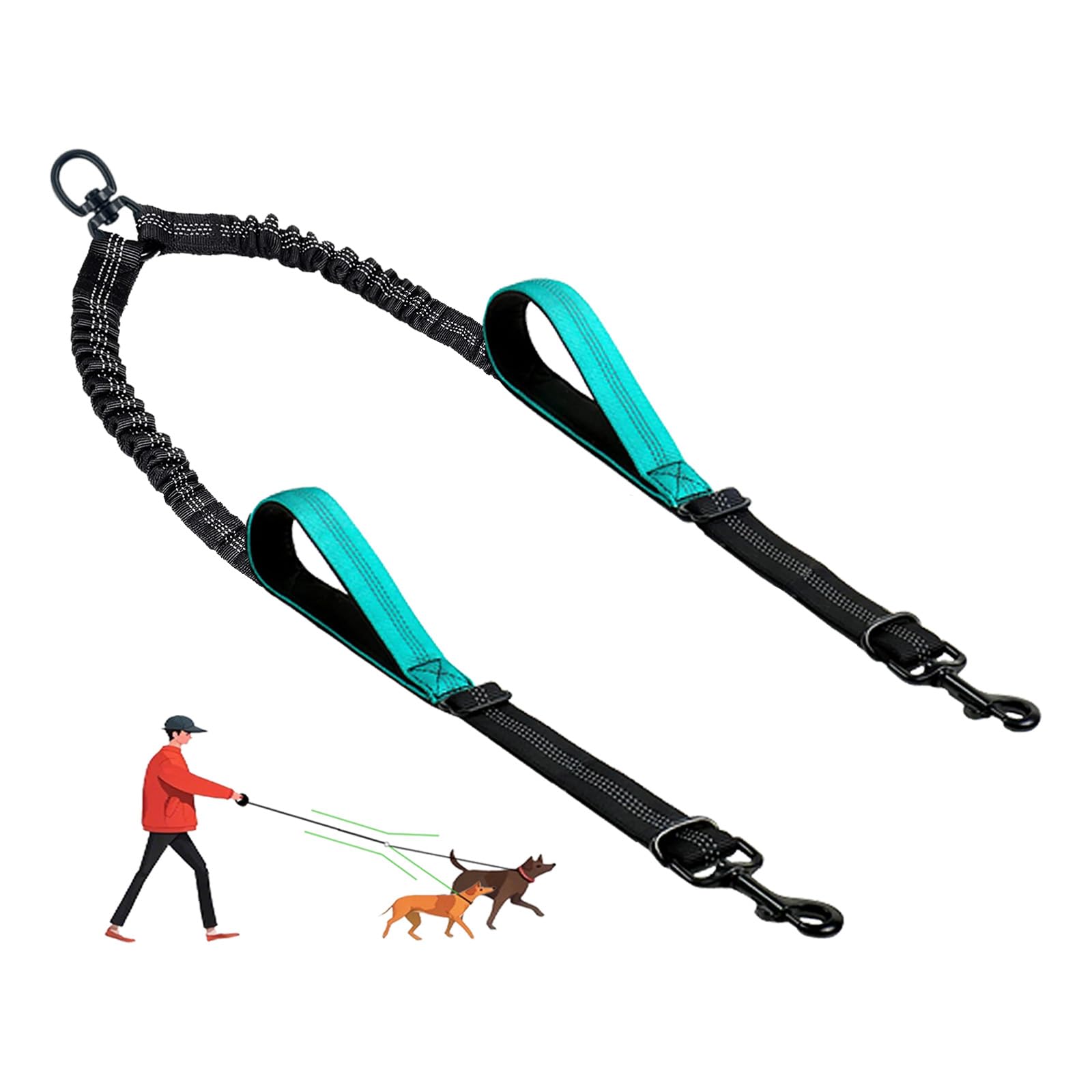 LEOSASA Double Dog Leash - No Tangle Splitter for Two Dogs, Coupler with Adjustable Long Lead Rope, Dual Control Handles, Retractable No Pull Bungee, Walk Train Small Medium Large 2 Pets (Blue)