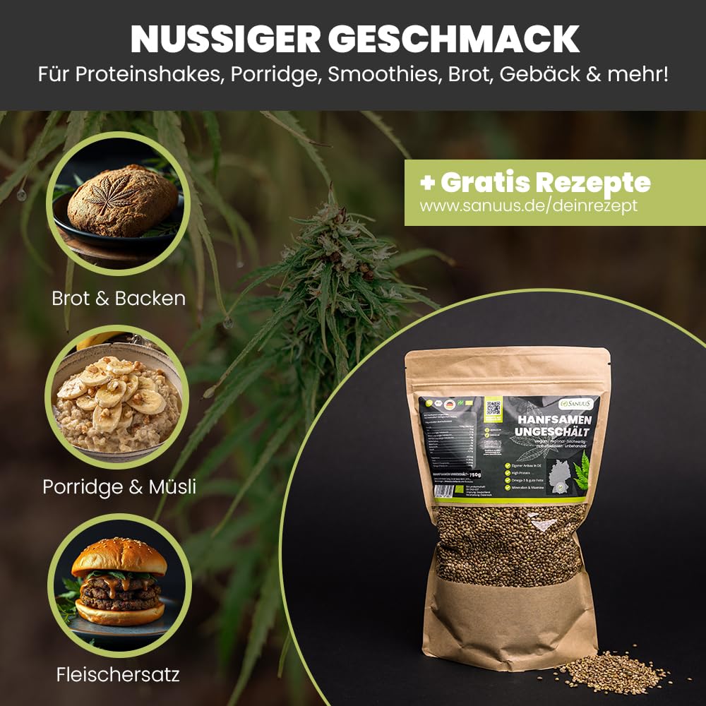 SANUUS Bio Hanfsamen ungeschält geröstet 4x750g - Naturland geröstete Hanfsamen ungeschält Bio aus Nutzhanf - Superfood Hanf Samen aus Deutschland für Porridge, Müsli, Bowls, Salat, Backen