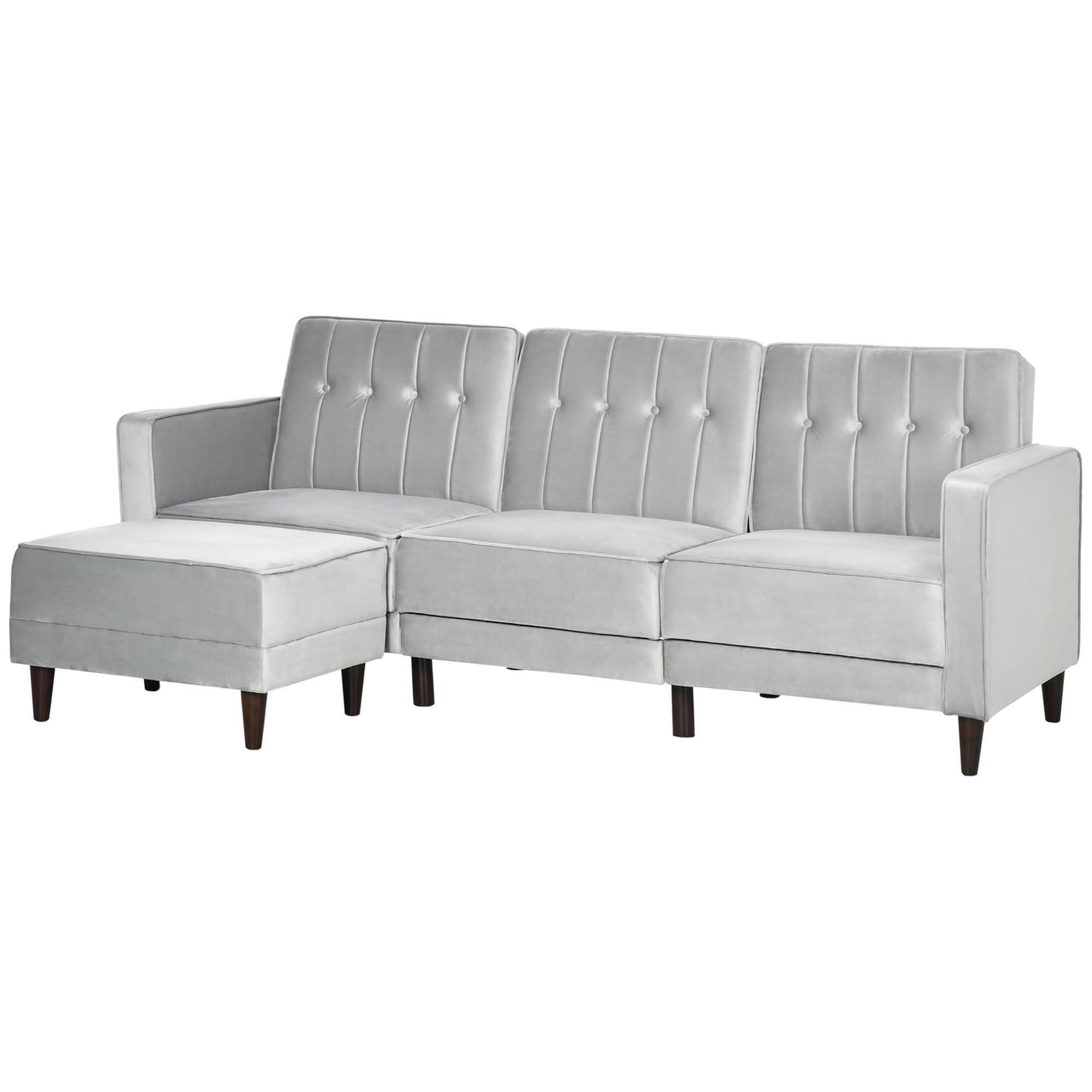 HOMCOM Sofá Cama con Chaise Longue Sofá para Salón de 3 Plazas Convertible con Respaldo Regulable en 3 Niveles Reposapiés y Reposabrazos 218x85x86 cm Gris Claro