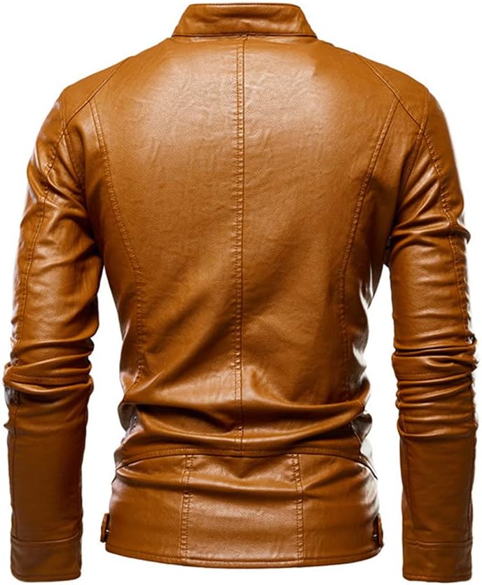 Men's Fleece Biker Leather Jackets Simple Style Stand Collar Coats Male Faux Leather Bomber Outwear