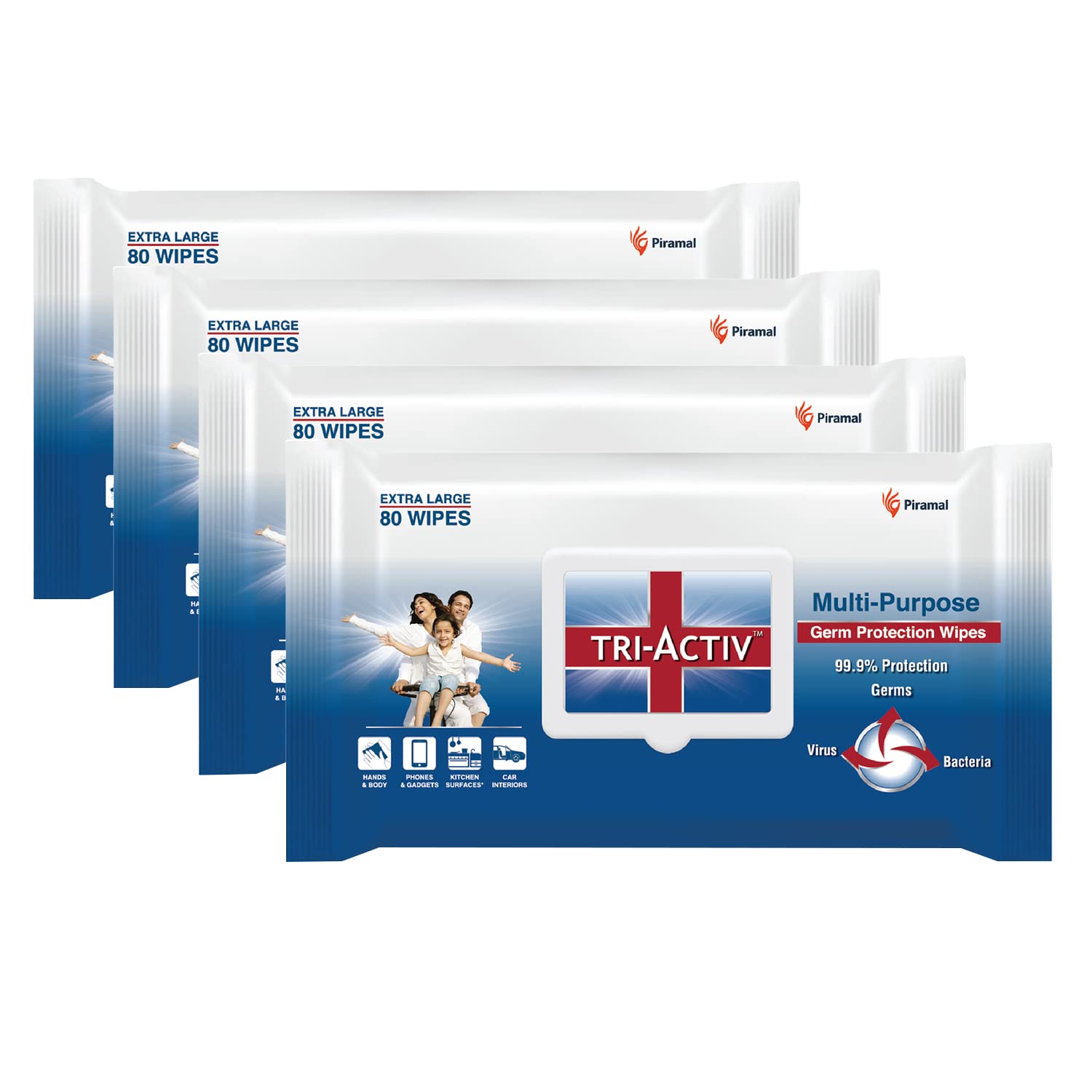 Tri-Activ Multi-Purpose Germ Protection | Disinfectant Wipes | Wet Wipes for Cleaning | Safe on Skin | Cleans appliances | Enriched with Aloe vera | 33% Extra Large 80 Wipe Lid pack | Pack of 4