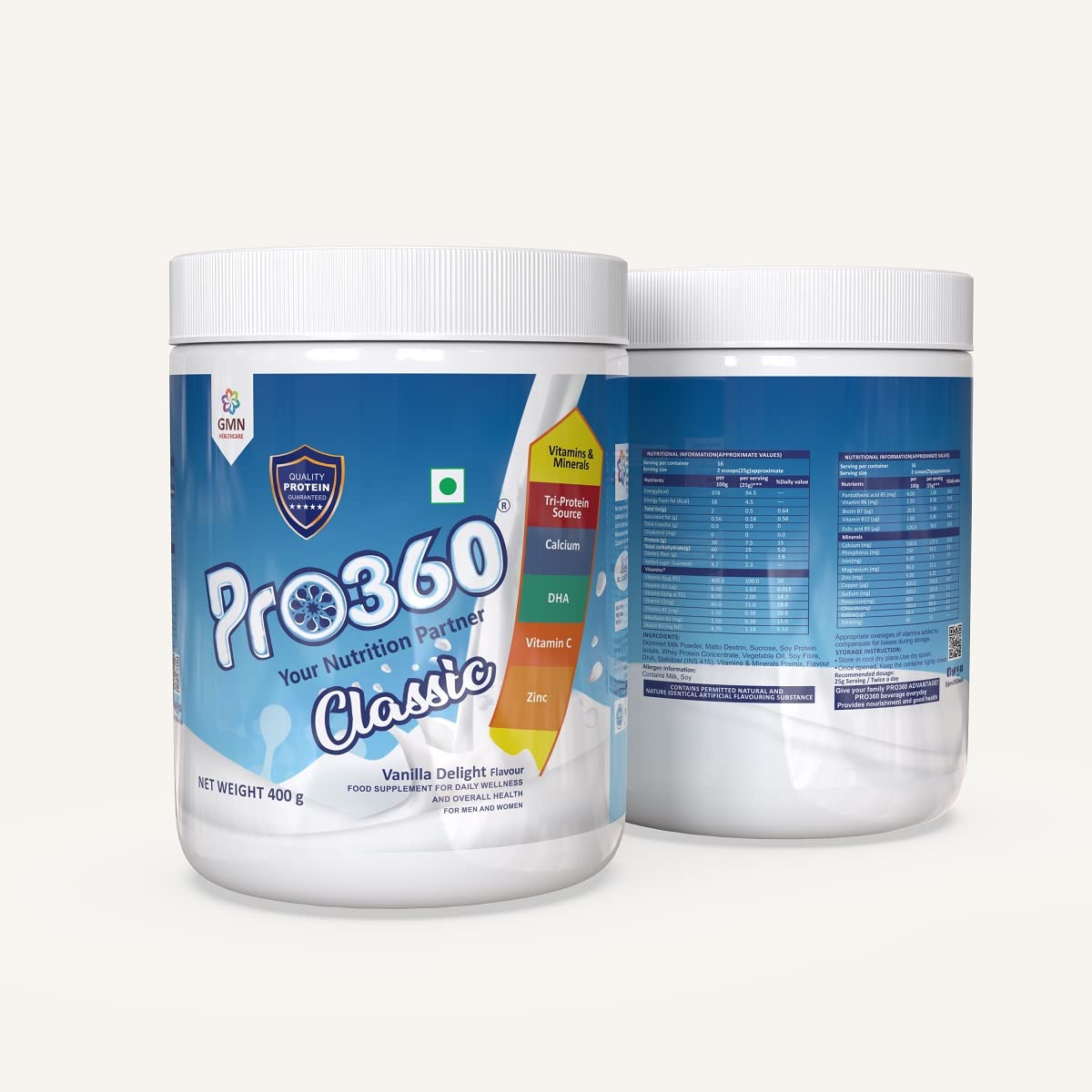 Pro360 Classic Daily Wellness Protein Nutrition Supplement Powder for Men and Women - (400+400) g (Vanilla Delight) Pack of 2 Pro360 Classic Daily Wellness Protein Nutrition Supplement Powder for Men and Women - (400+400) g (Vanilla Delight) Pack of 2