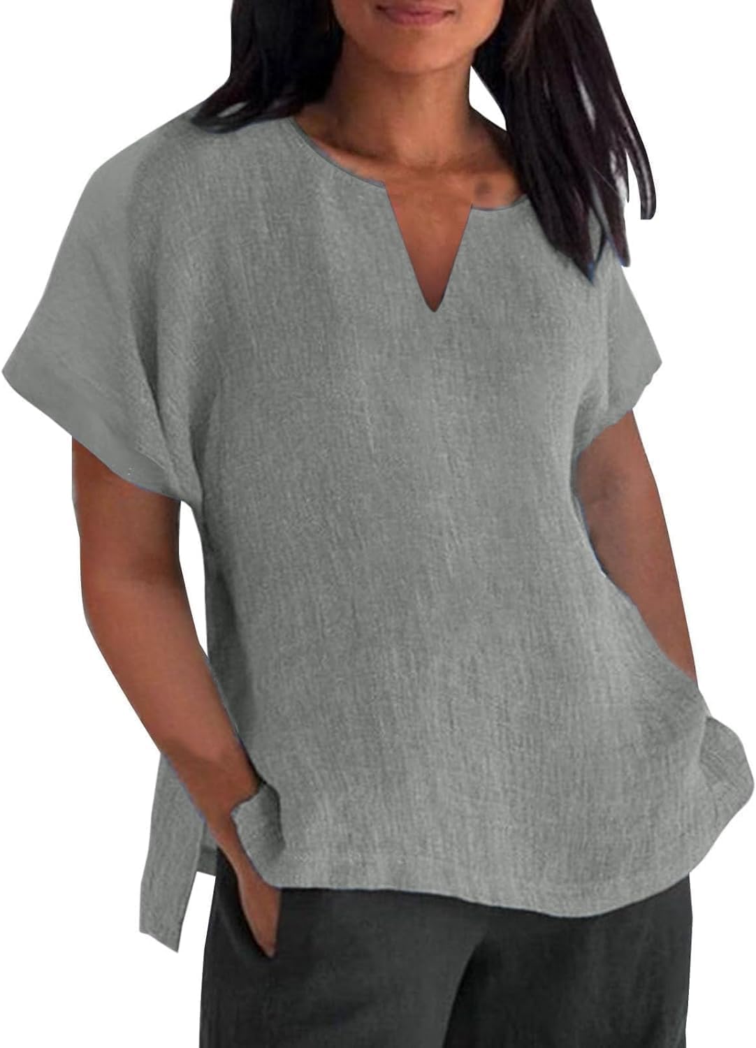 Short Sleeve Linen Tops for Women 2024 V Neck Loose Fit Summer Tops Side Split Casual Blouses Oversized Tshirts