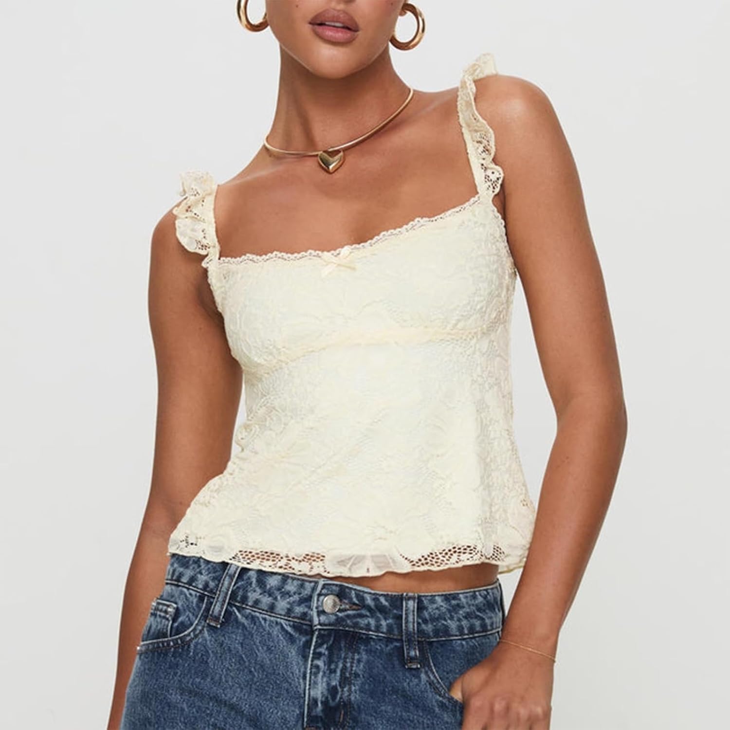 Women Crop Lace Tank Tops Sleeveless Square Neck Going Out Tops Double Lined Y2K Slim Fit Cami Shirts Streetwear - Image 3