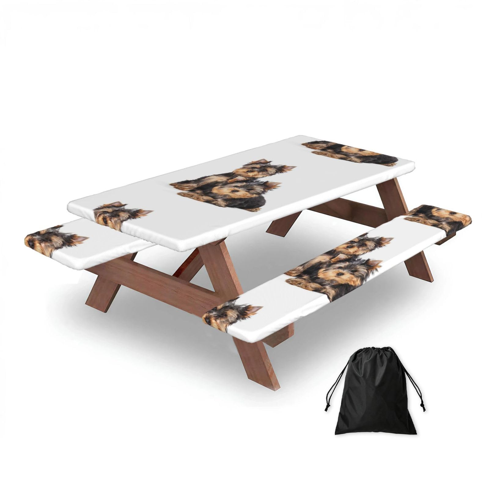 Two Yorkshire Terrier Puppies, Picnic Table Cover With Bench Covers -Waterproof Elastic Fitted Tablecloth for Garden Camping Patio 76x152cm