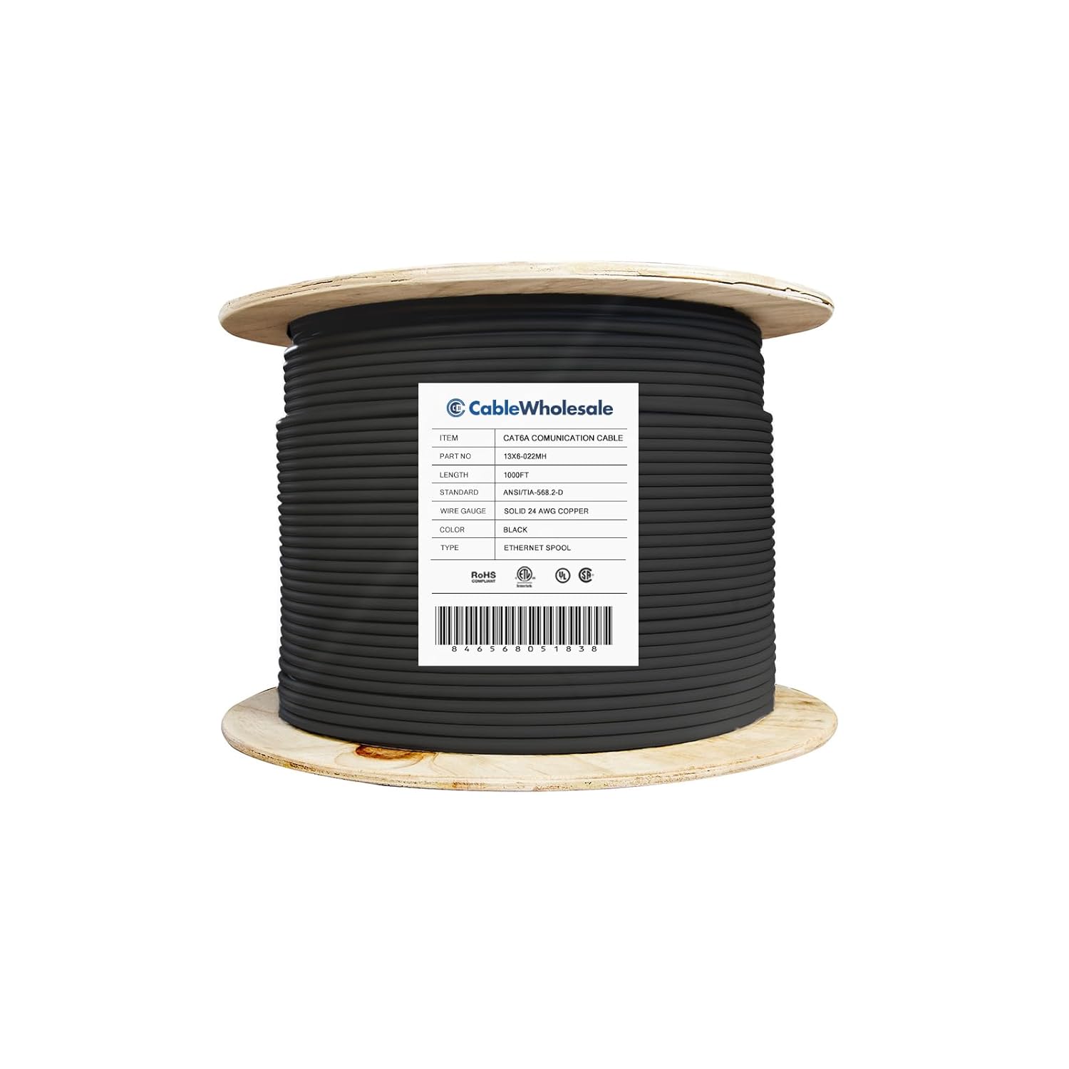 Cat6a Ethernet Cable Spool - High-Speed 500MHz for Networking, 10 Gigabit Stranded, 24AWG UTP (Unshielded Twisted Pair), 1000 Feet, Black