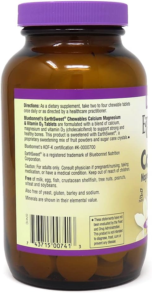 Bluebonnet Nutrition Calcium Magnesium Plus Vitamin D3 Earthsweet, Bone Health & Muscle Relaxation, Soy-Free, Gluten-Free, Kosher Certified, Dairy-Free, 90 Vanilla Flavored Chewable Tablets