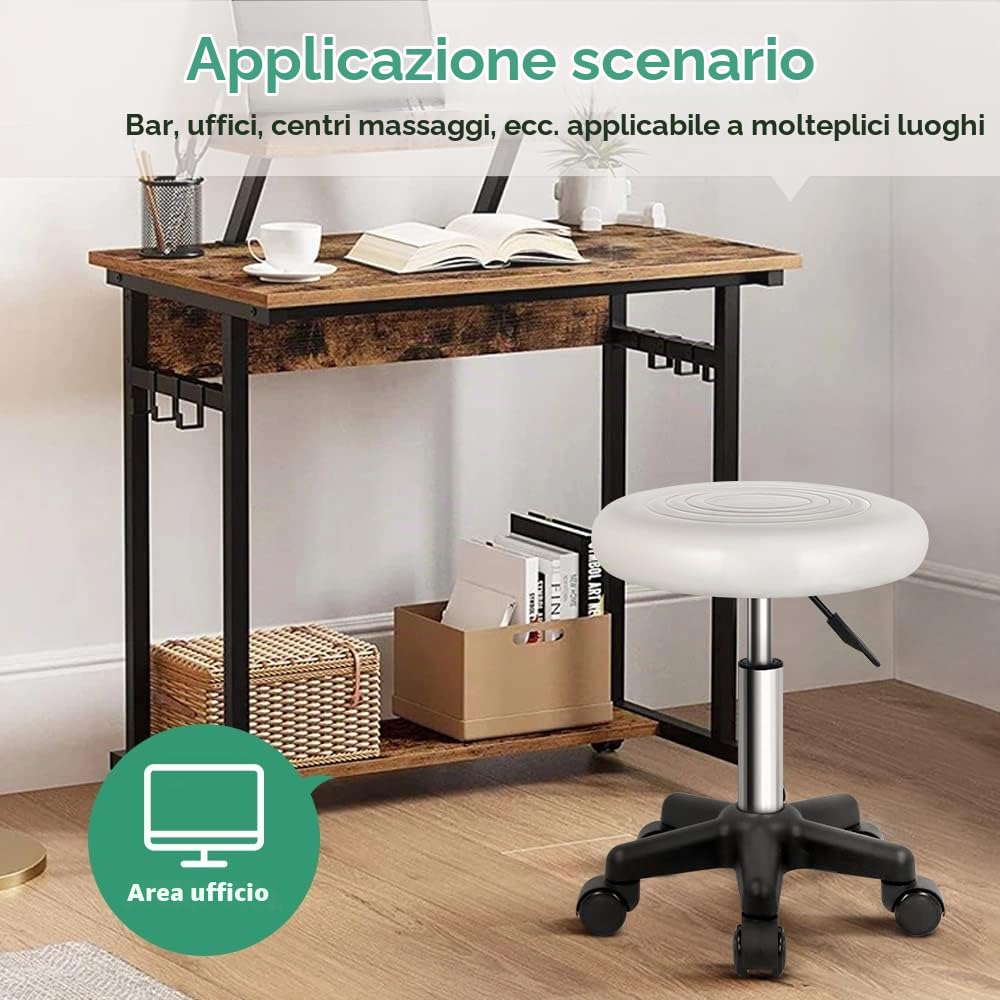 FURWOO Sgabello girevole rotondo con ruote PU Leahter Sgabello rotante altezza regolabile per Spa Salon Massaggio Bianco